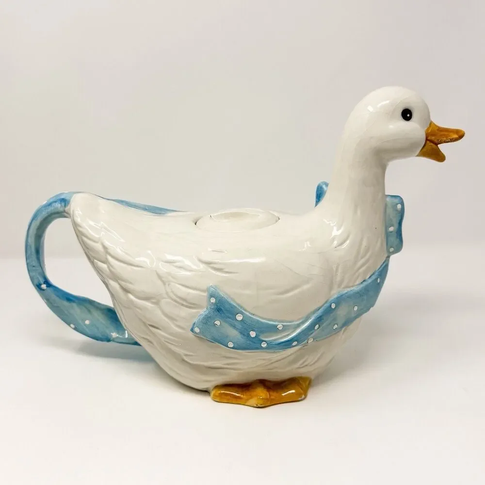 Vintage Ceramic Goose Teapot Blue Polka Dot Bow Cottagecore Country Kitchen